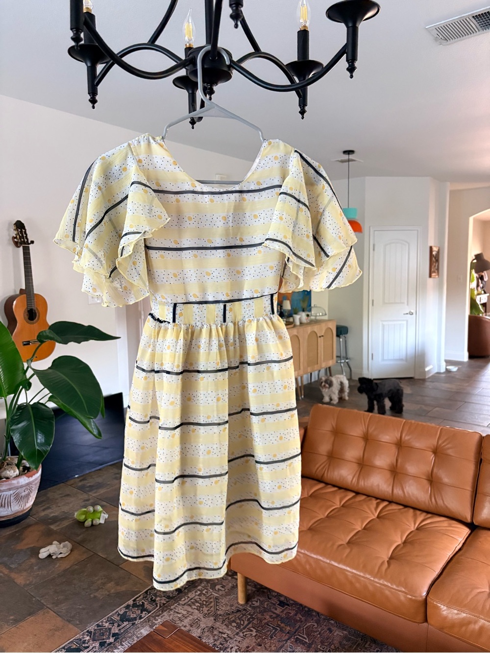 Vintage Buttercup Flutter Sleeve Yellow Striped Dress Girls 10 / 12